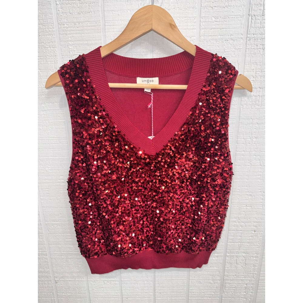 Umgee Sequin Sweater Vest Women Red V-Neck Sleeveless Holiday Glam A0354 Small